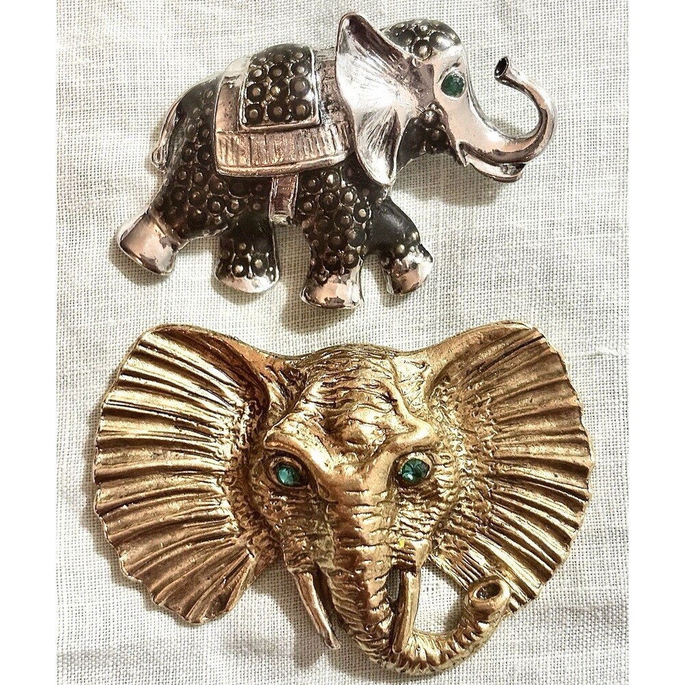 Vintage Elephant Brooch Lot 2 Gold Silver Green Rhinestone Statement Animal Pins